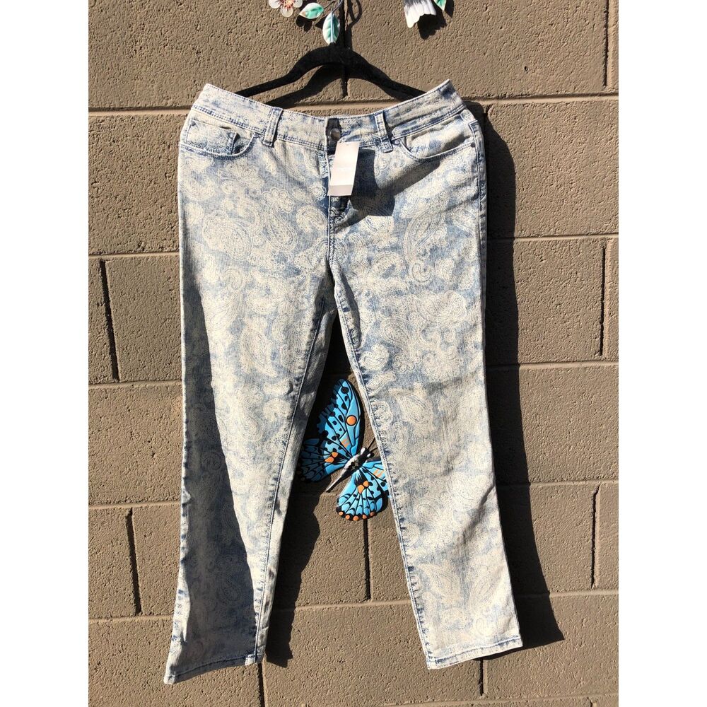 NWT Chicos Platinum Paisley Roll Cuff Crop Jeans Medium Blue Wash Denim 0 US 4